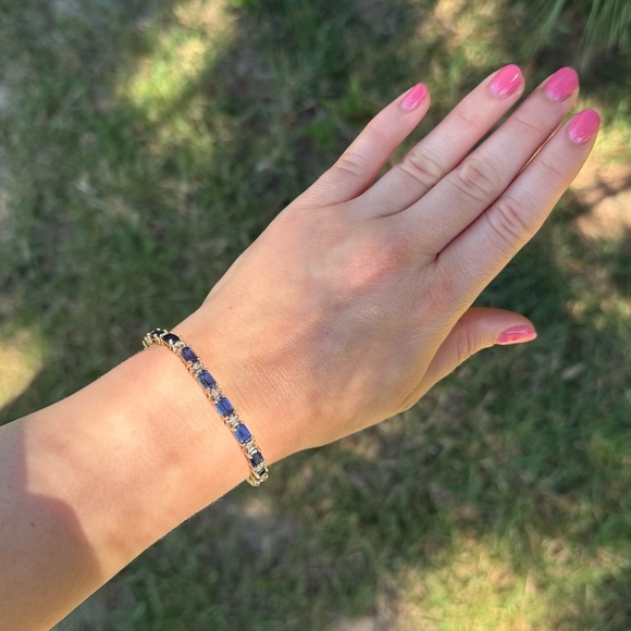 Solid 14k Yellow Gold Sapphire & Diamond Tennis Bracelet - Picture 3 of 16